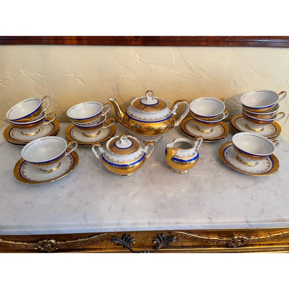 HARDEK Bavaria 12 Piece Gold & Blue China Tea Set with sugar and creamer